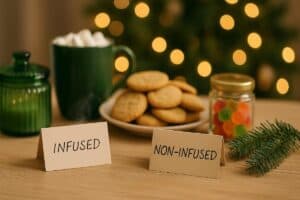 Holiday snack table with clearly labeled cannabis-infused treats and festive decor