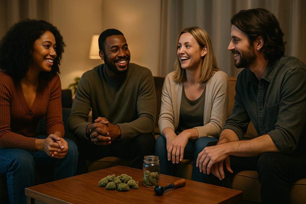 friends talking casually with cannabis on a table, representing the best weed strains for socializing