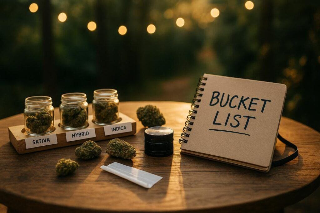 scene showing a curated setup of cannabis, a journal, nature elements, and relaxing gear to represent the best cannabis bucket list ideas.