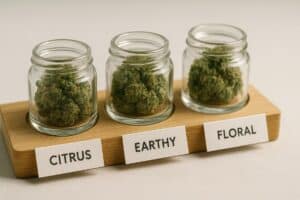 A photorealistic cannabis tasting flight showing multiple strains and aroma notes for the best cannabis bucket list ideas.