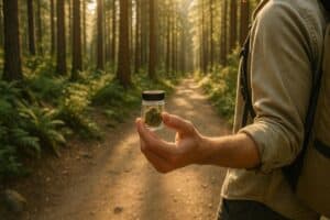 outdoor scene of someone holding cannabis on a forest trail as part of the best cannabis bucket list ideas.