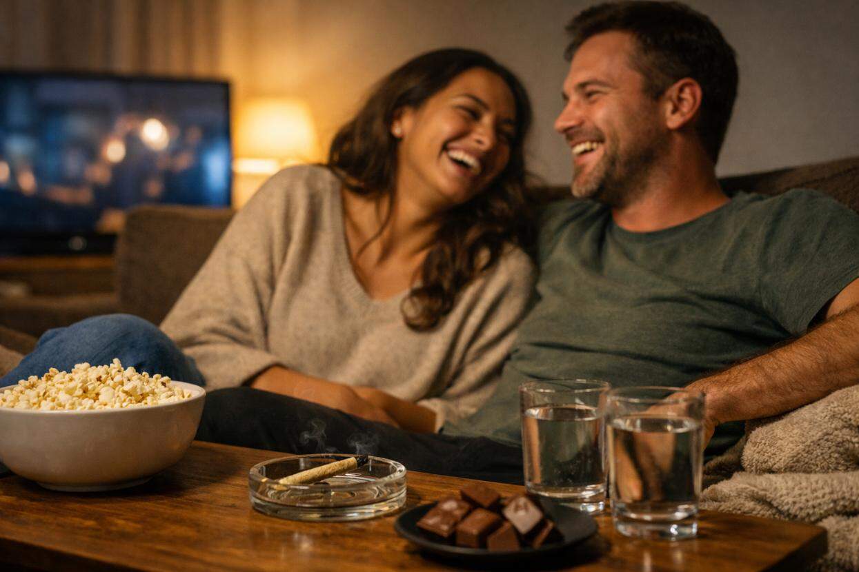 cannabis date night ideas with a cozy couple relaxing at home with weed and snacks