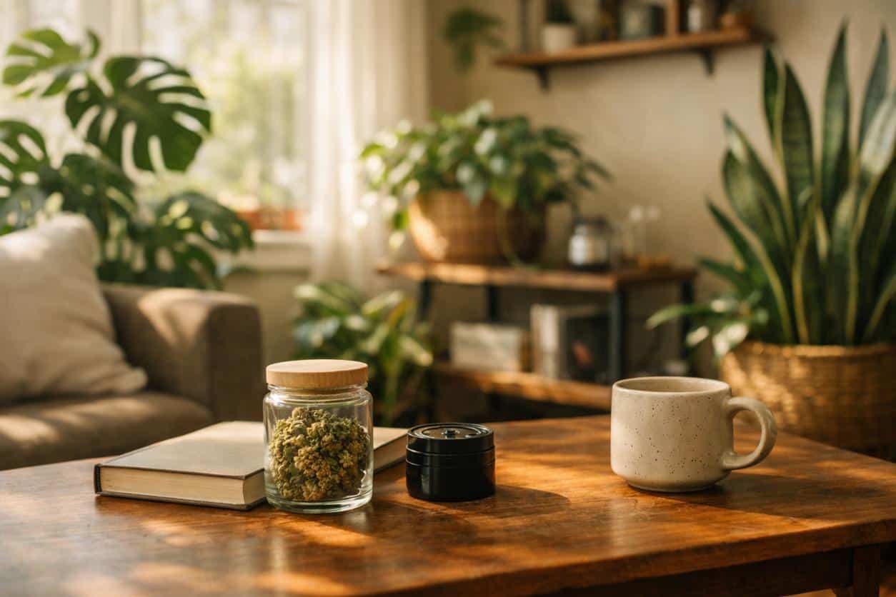 Cannabis and houseplants in a sunlit living room showing plant parent energy and cannabis culture lifestyle