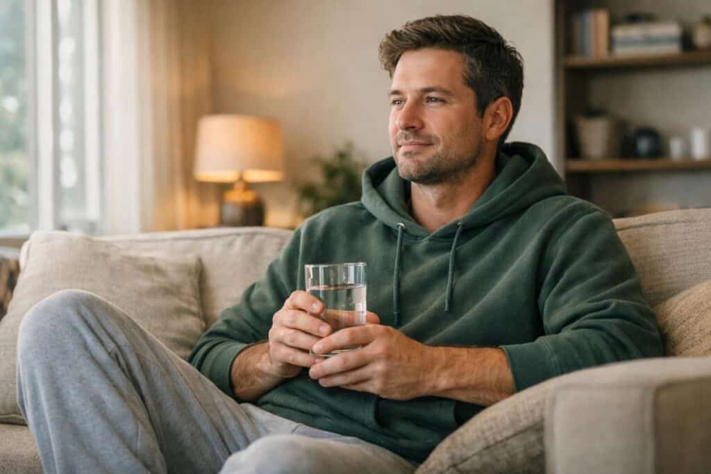 Person calming down and sobering up from being too high while resting indoors