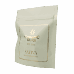 Chronic Guru Sativa premium cannabis flower packaging in matte white resealable pouch with gold logo and branding, established 2016