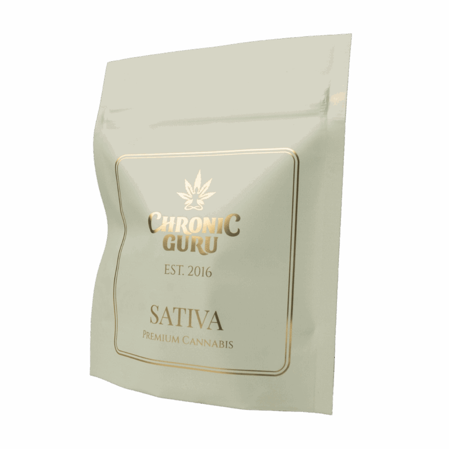 Chronic Guru Sativa premium cannabis flower packaging in matte white resealable pouch with gold logo and branding, established 2016