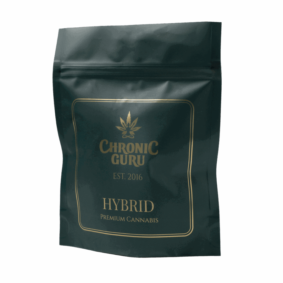 Chronic Guru Hybrid premium cannabis flower packaging in dark green resealable pouch with gold logo and branding, established 2016