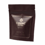 Chronic Guru Indica premium cannabis flower packaging in dark burgundy resealable pouch with gold logo and branding, established 2016