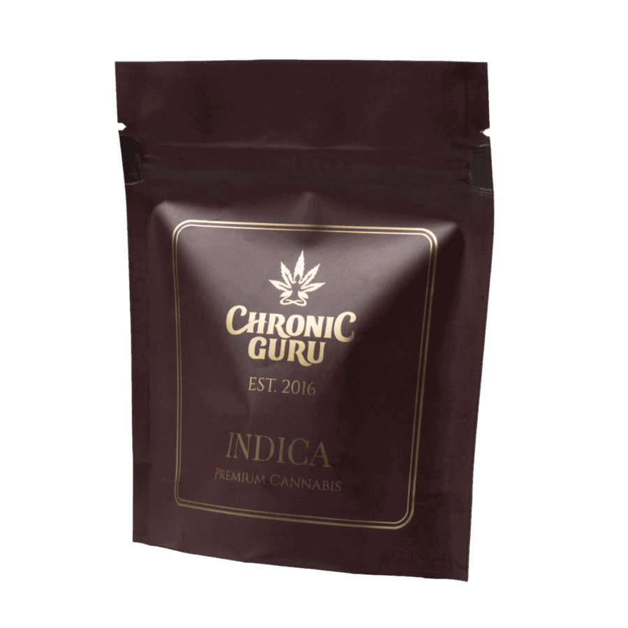 Chronic Guru Indica premium cannabis flower packaging in dark burgundy resealable pouch with gold logo and branding, established 2016