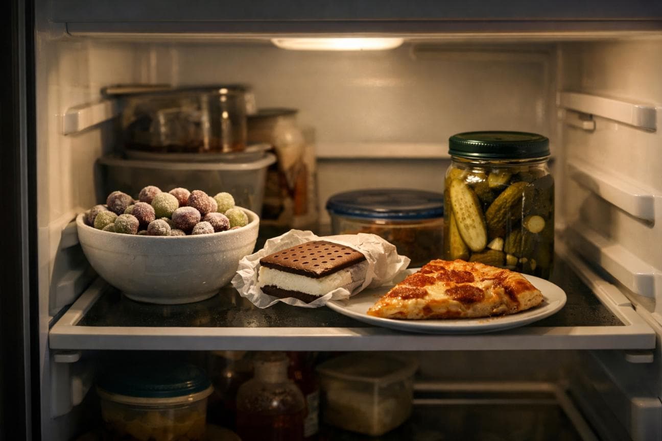 Best cold munchies including frozen grapes, ice cream sandwiches, cold pizza, and pickles inside a refrigerator
