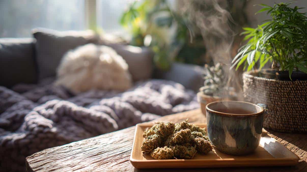 Weed Strains for Seasonal Blues on a table with coffee, blanketed couch in the background