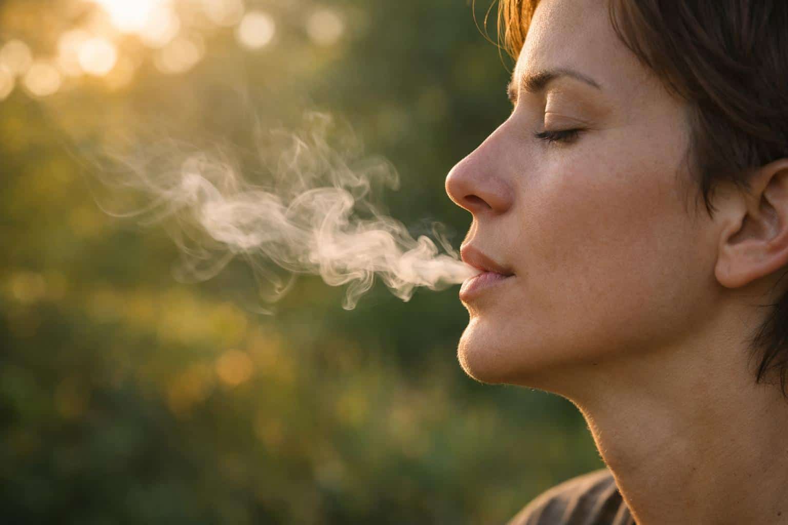 Smooth weed smoke appearing light and clean during a relaxed outdoor cannabis session