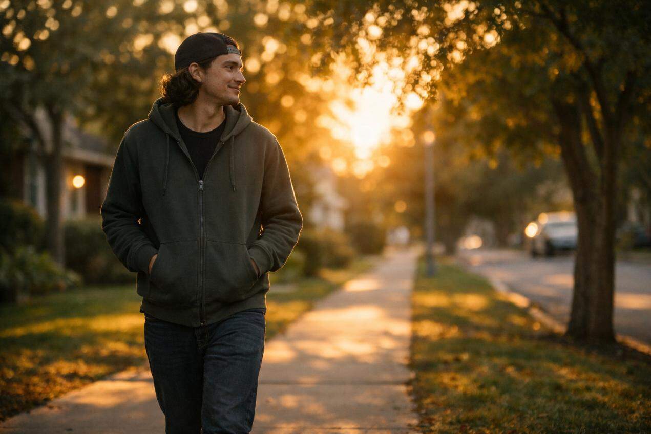 Person enjoying weed and walking on a quiet neighborhood sidewalk during golden hour