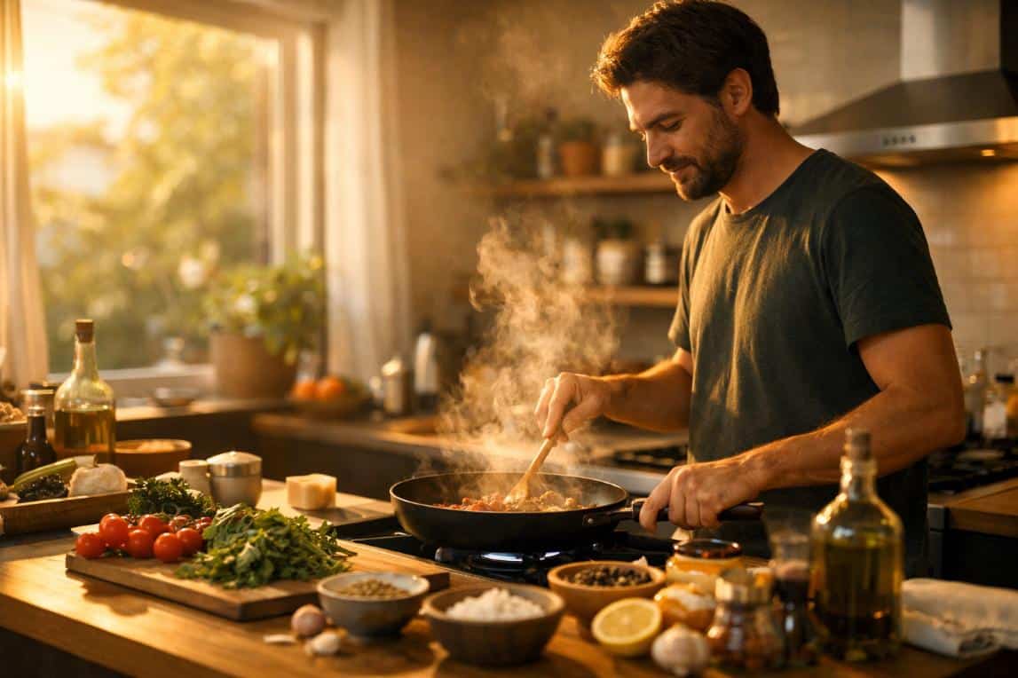 Weed and cooking lifestyle image showing a relaxed person enjoying the cooking process in a home kitchen
