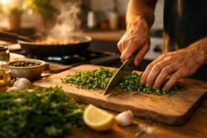 Weed and cooking sensory experience shown through fresh ingredients and hands preparing food
