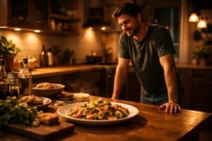 Weed and cooking shown as a calming kitchen moment with a finished meal and relaxed atmosphere