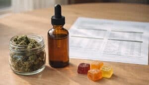 Full spectrum cannabis, oil, and gummies next to a COA