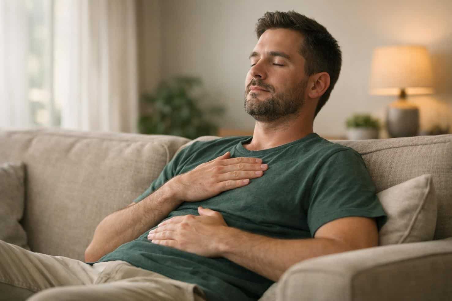 Person calmly noticing weed body sensations while sitting indoors