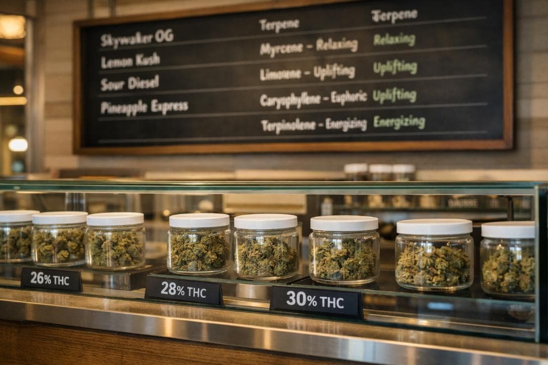 High THC strains displayed in a modern dispensary with visible THC percentages and terpene information that could explain why weed hits later