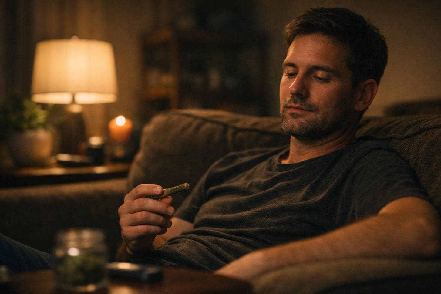 Photo-realistic image showing weed and fatigue interacting during a quiet nighttime cannabis session