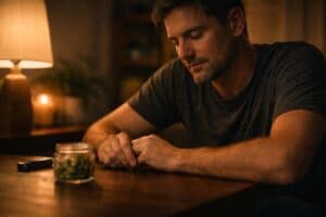 Close-up photo illustrating how weed and fatigue can feel heavier during late-night cannabis use