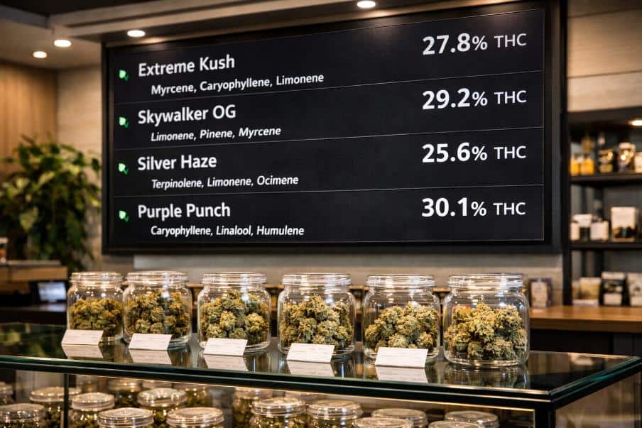 High THC strains displayed on a modern dispensary menu board showing THC percentages and terpene profiles