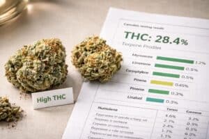 Close-up comparison of high THC strains with visible trichomes next to terpene profile lab results