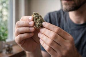Person examining high THC strains cannabis flower for aroma and trichome quality in natural light