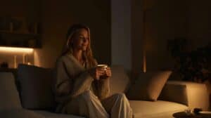 Relaxing evening routine with tea and low lighting to support sleep after Daylight Saving Time.