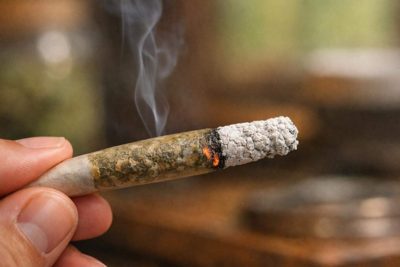 white ash weed burning evenly in a joint showing clean white ash tip