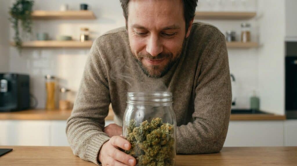 man smelling fresh small batch cannabis from a glass jar highlighting aroma and quality