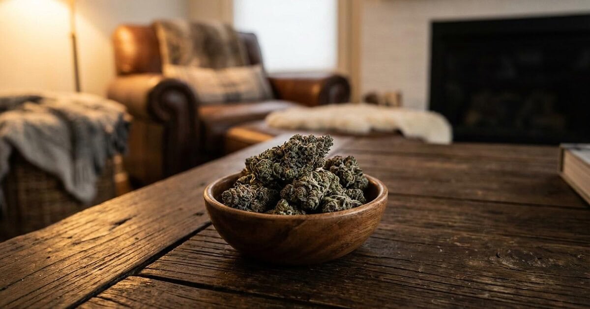 small batch cannabis buds in a bowl on a wooden table in a relaxed indoor setting