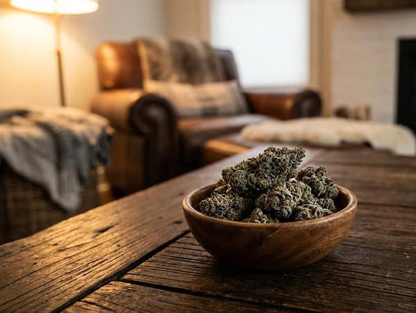 small batch cannabis buds in a bowl on a wooden table in a relaxed indoor setting