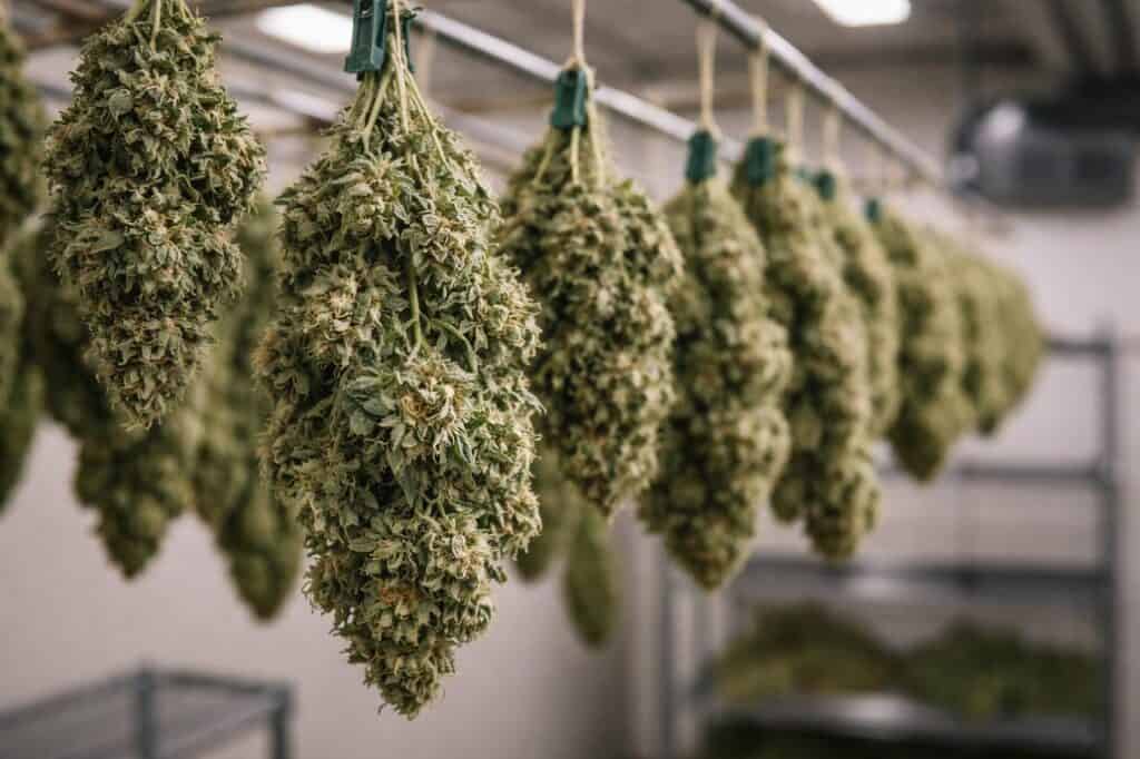 how growing conditions affect cannabis quality during drying process with cannabis buds hanging in controlled environment
