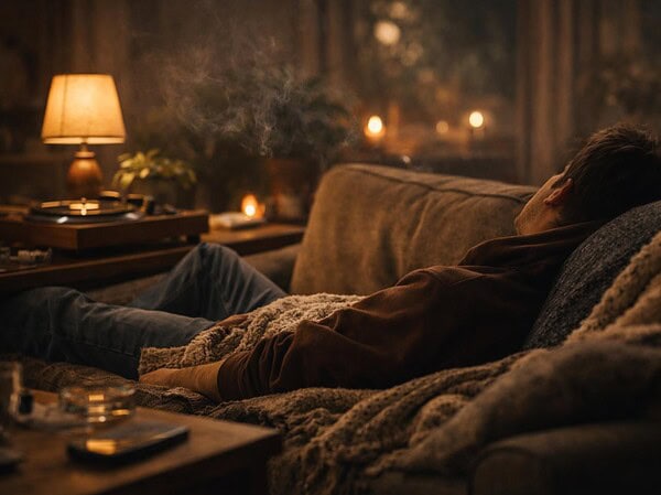person relaxing on couch at night after smoking weed and doing nothing in a calm living room