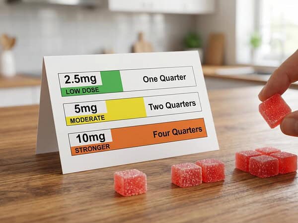 edible dosage for beginners display showing a white dosage card with 2.5mg as one quarter, 5mg as two quarters, and 10mg as four quarters, with red sugar-coated gummy pieces arranged on a wooden table and a hand holding one piece.