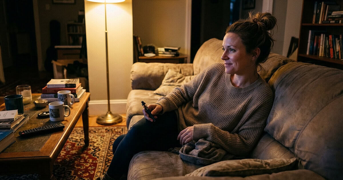 Woman relaxing on a couch during a quiet evening cannabis session showing how you can steer your high for more control
