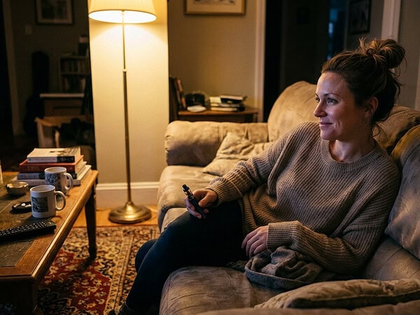 Woman relaxing on a couch during a quiet evening cannabis session showing how mindset affects your high