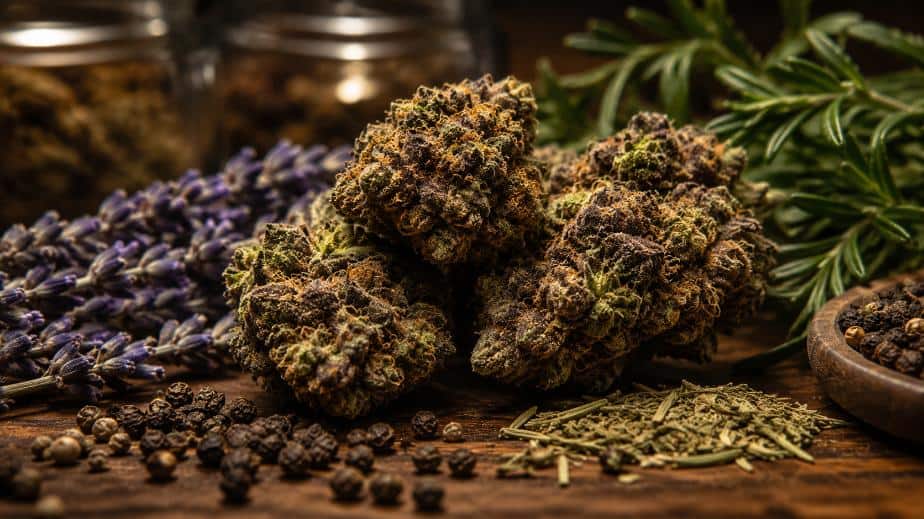Close-up of terpene-rich cannabis buds with earthy aromas associated with heavy weed strains