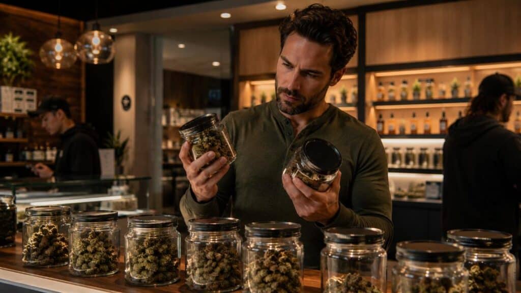 Relaxed cannabis consumer enjoying heavy weed strains while reading THC percentages in a dispensary setting

