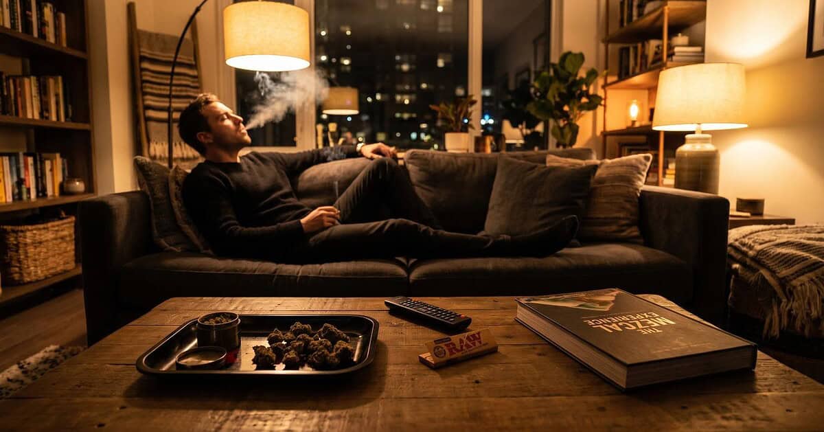 Man relaxing on a couch with cannabis buds on a coffee table in a moody lounge setting, showing how strain effects can feel heavy beyond THC percentage.