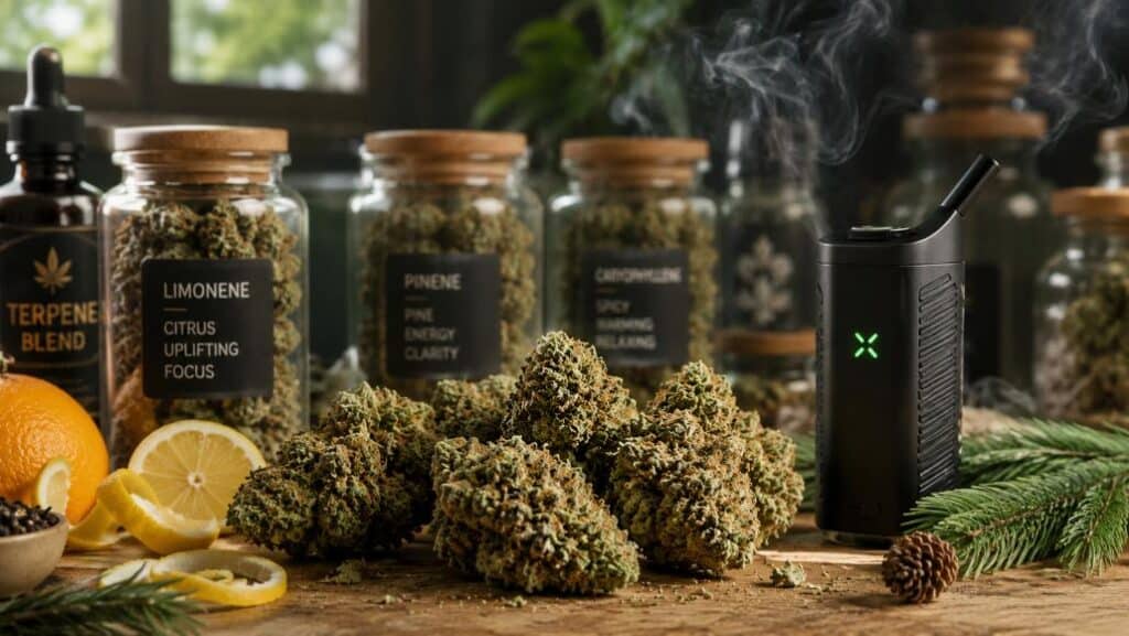 weed smell vs taste terpene-rich cannabis flower next to vaporizer and preserved flavor setup