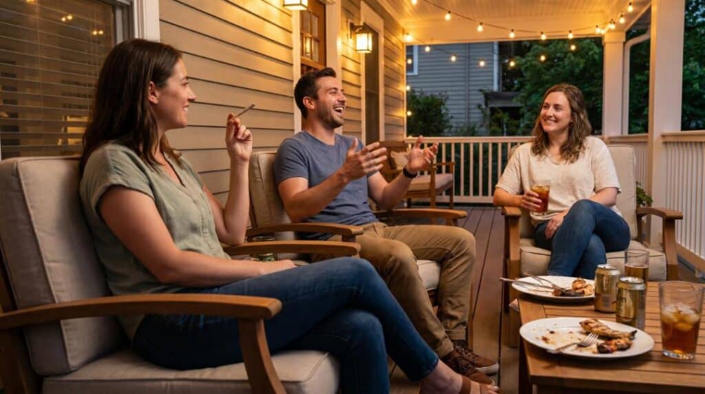 Adults relaxing on a porch at dusk with drinks and a pre-roll during a calm Memorial Day evening