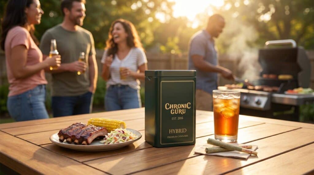 Cannabis tin and pre-rolls on a backyard BBQ table with food, drinks, and friends in the background