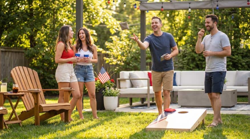 Adults enjoying backyard games and relaxed summer vibes, a fitting scene for strains for Memorial Day.