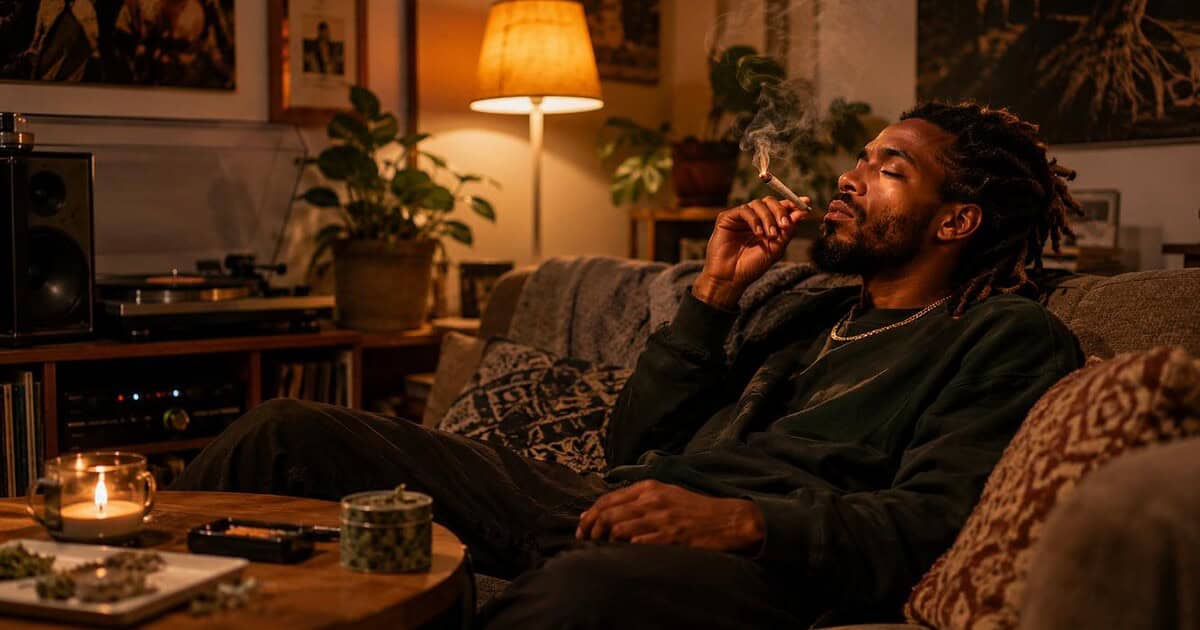 Best music when high playing in a cozy living room during a relaxed cannabis session