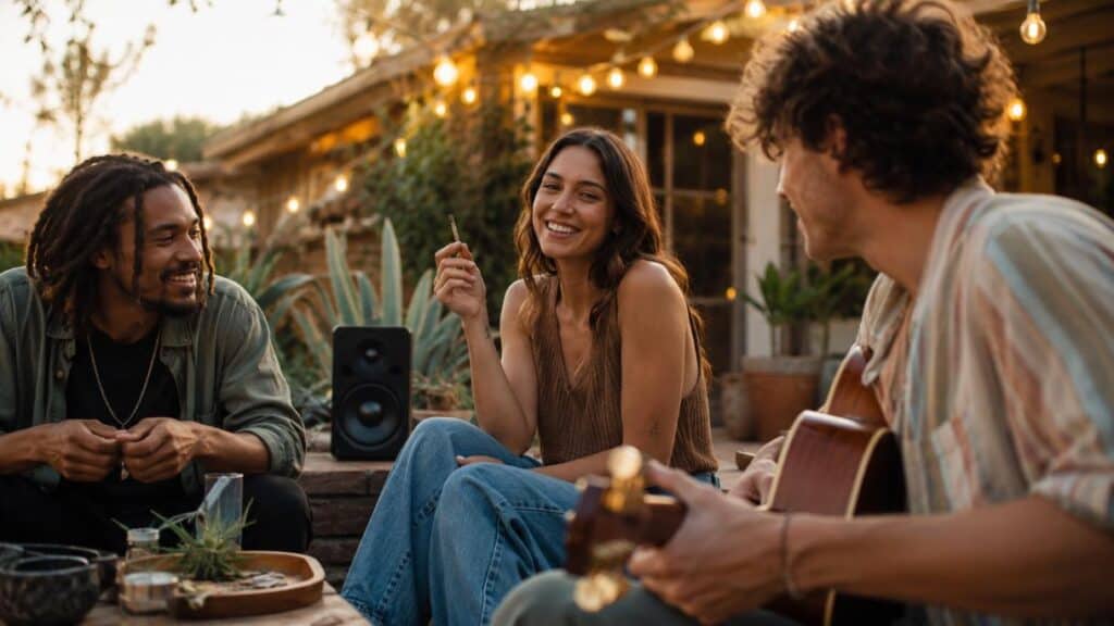 Best music when high enjoyed by friends during a relaxed outdoor cannabis hangout