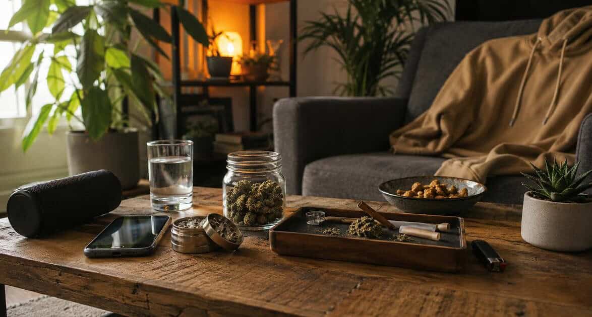 Cannabis rituals shown in a cozy smoking setup with flower, snacks, music, and a relaxation space