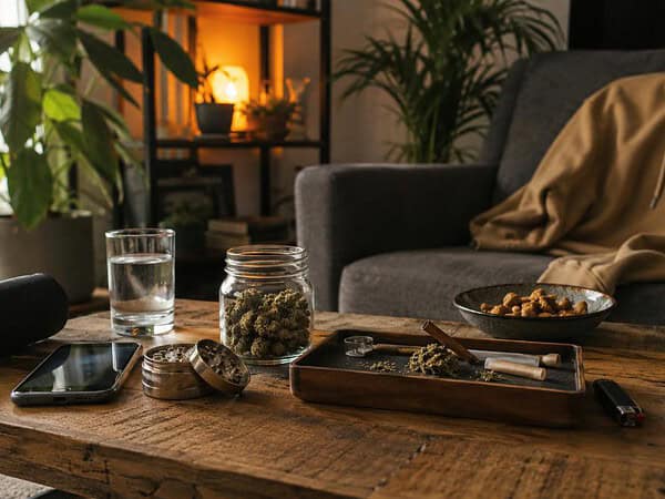 Cannabis rituals shown in a cozy smoking setup with flower, snacks, music, and a relaxation space