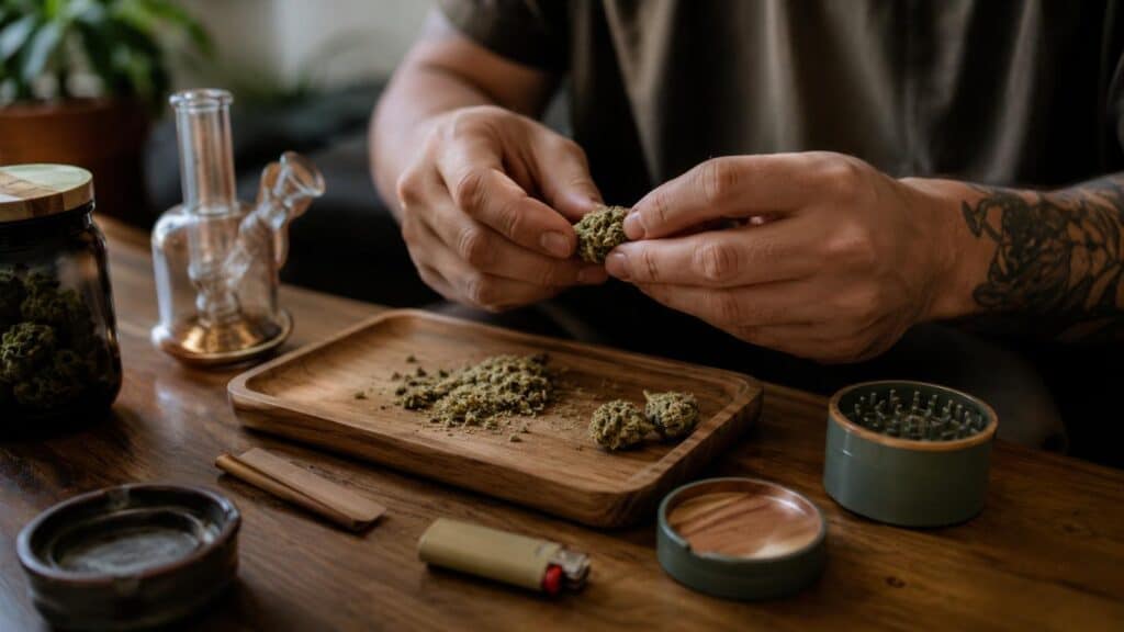 Cannabis rituals featuring flower prep with a grinder, tray, and smoking accessories in a realistic home setting